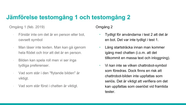 Round 1 versus round 2: Comparison of the two test rounds: in February users couldn't tell whether they were talking to a person or a bot; in March it was clear it was a bot, but the start had become long.