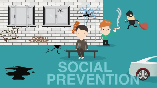 Film still: social prevention: A run-down schoolyard with broken windows, graffiti and litter, young people on a bench and a burglar running past – under the heading “Social prevention”.