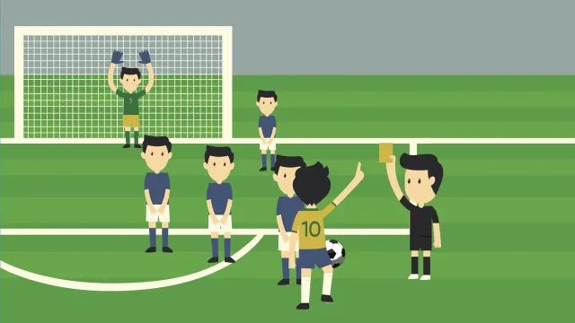 Film still: the football analogy: A free kick on a football pitch: the defenders' wall creeps forward while the referee looks the other way.