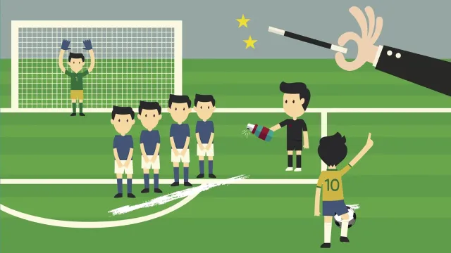 Film still: a simple change: The same free kick, now with a line sprayed on the grass from a can held by a magic hand – a small change in the situation that solves the problem without more referees.