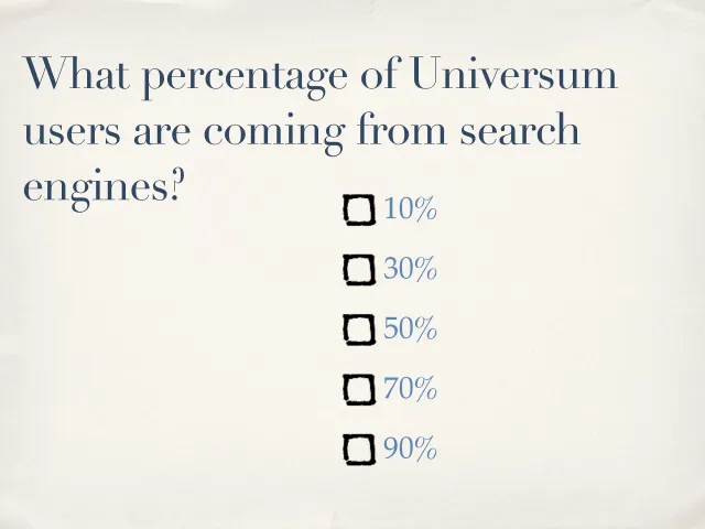 A question for the audience: “What percentage of Universum users are coming from search engines?”, with tick boxes for 10, 30, 50, 70 and 90 percent.