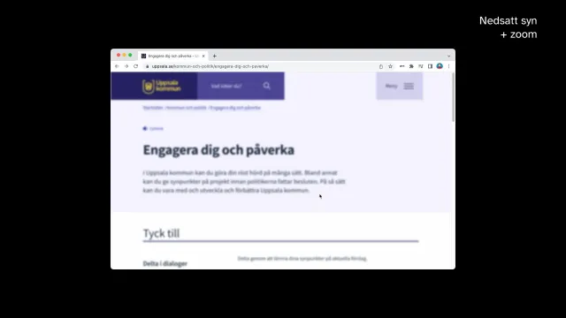 Slide: Simulating low vision: A page from the City of Uppsala's website shown with simulated low vision and zoom.