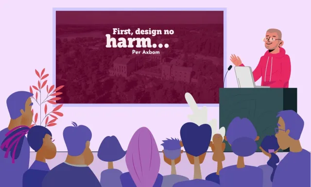 Illustration: a speaker at a lectern in front of an audience, with the slide “First, design no harm… Per Axbom” on the screen behind.