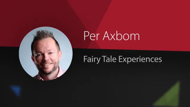 Title card from UXLx's recording: UXLx title card: a round portrait of Per Axbom smiling, with the text “Per Axbom – Fairy Tale Experiences” on a red and black background.