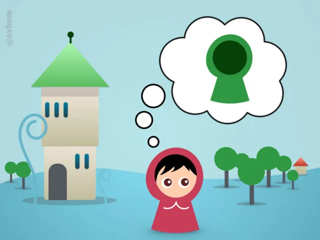 Red Riding Hood dreams of a green hoodie: Little Red Riding Hood in her red hoodie, next to a tower, dreaming of a new green one – the start of the story.