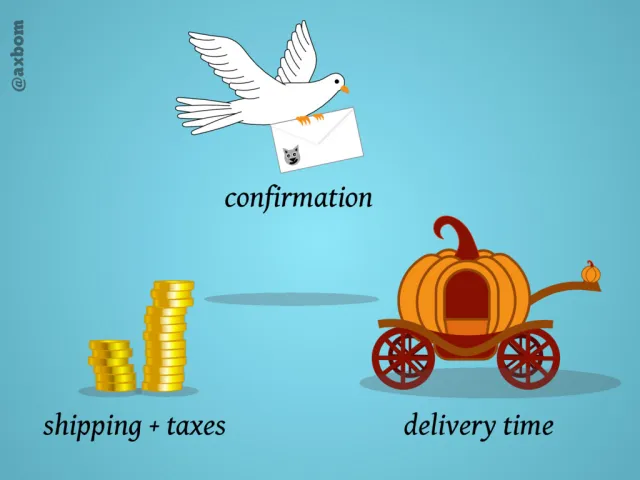 What she found out afterwards: A dove carrying a letter labeled “confirmation”, stacks of gold coins labeled “shipping + taxes” and a pumpkin carriage labeled “delivery time”.