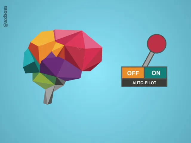 The brain on auto-pilot: A colorful brain next to a lever switch labeled “Auto-pilot”, set between OFF and ON.