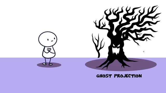 Ghost projection: A stick figure facing a dark, gnarled tree whose shape looks like a face – labeled “Ghost projection”.