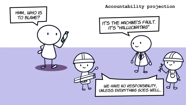 Accountability projection: “Hmm… who is to blame?” A man in a suit answers “It's the machine's fault. It's ‘hallucinating’”, while the engineers say “We have no responsibility, unless everything goes well…”