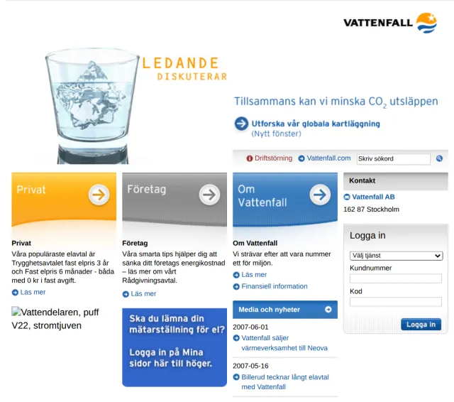 vattenfall.se in June 2007, the new site Per quality-assured: a glass of ice water beside the campaign “Ledande diskuterar”, the heading “Tillsammans kan vi minska CO2-utsläppen”, entrances for private customers, businesses and about Vattenfall, and a log-in box.