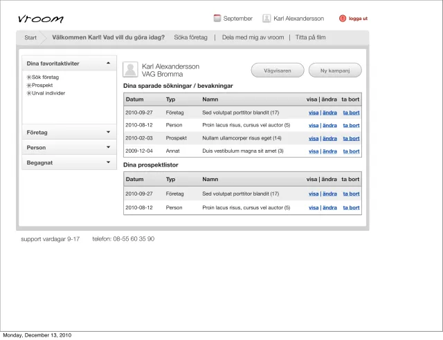 The logged-in start page (in Swedish): Wireframe of the start page after logging in: “Välkommen Karl! Vad vill du göra idag?”, with saved searches and alerts.