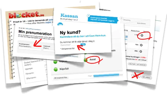 A collage of screenshots of Swedish web forms – Blocket, Com Hem and others – with Per's red marker circles and arrows on confusing fields and buttons.