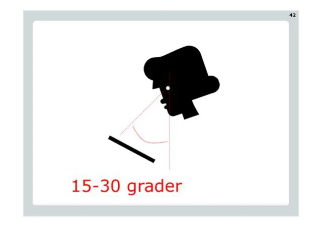 Reading angle: 15–30 degrees: A silhouette looking down at a sheet of paper, at an angle of 15–30 degrees.
