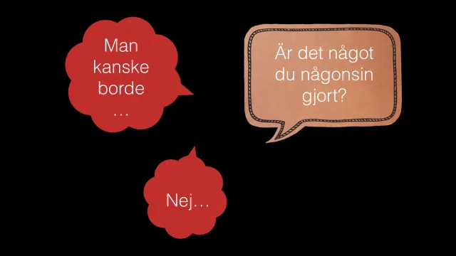 Listen to what people do: Three speech bubbles: “Man kanske borde…” (Maybe you should…), the question “Är det något du någonsin gjort?” (Is that something you’ve ever done?) and the answer “Nej…” (No…).