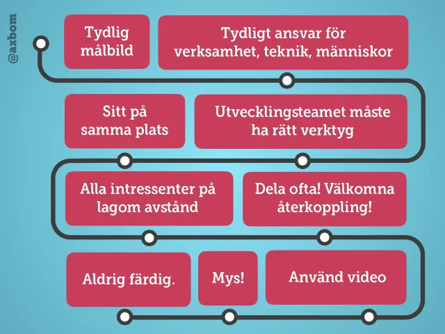 Nio lärdomar: En slingrande väg med nio skyltar: tydlig målbild; tydligt ansvar för verksamhet, teknik, människor; sitt på samma plats; utvecklingsteamet måste ha rätt verktyg; alla intressenter på lagom avstånd; dela ofta, välkomna återkoppling; aldrig färdig; mys; använd video.