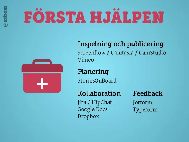 Första hjälpen: En första hjälpen-låda och verktygen: inspelning och publicering (Screenflow, Camtasia, CamStudio, Vimeo), planering (StoriesOnBoard), kollaboration (Jira, HipChat, Google Docs, Dropbox) och feedback (Jotform, Typeform).