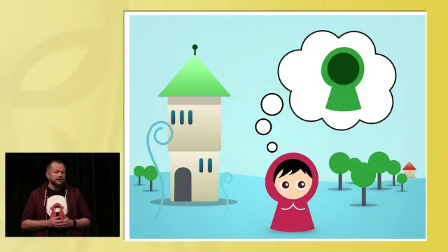 Still from the recording: Per on stage in a Little Red Riding Hood T-shirt, next to a slide of Red Riding Hood dreaming of a green hoodie in front of a tower.