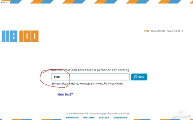 118 100: the search field: The same start page with “Pelle” typed into the search field. Per has circled the field and its label in red and written “liten text?” (small text?) in blue below.