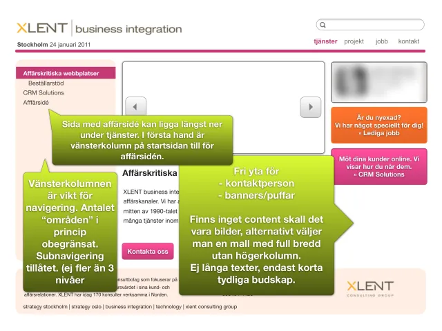 The 2011 website: a services page, annotated: Sketch of a services page for XLENT Business Integration, with speech bubbles: “The page with the business idea can sit at the bottom under services. The left column on the start page is first of all for the business idea”, “The left column is important for navigation. The number of ‘areas’ is in principle unlimited. Subnavigation allowed (no more than 3 levels)”, and “Free space for contact person, banners/teasers. If there is no content, it should be images, or choose a full-width template without the right column. No long texts, only short, clear messages.” A contact box is blurred.